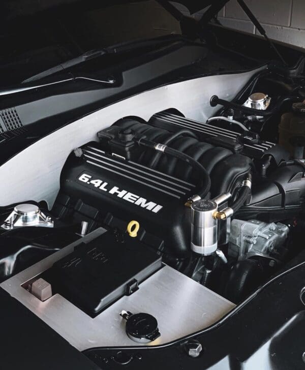 The engine compartment of a sports car