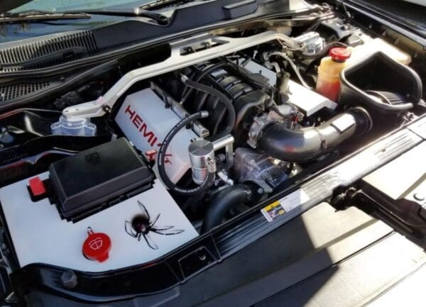 A close up of the engine of a car