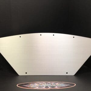 Brushed metal triangular plate with holes on dark background.