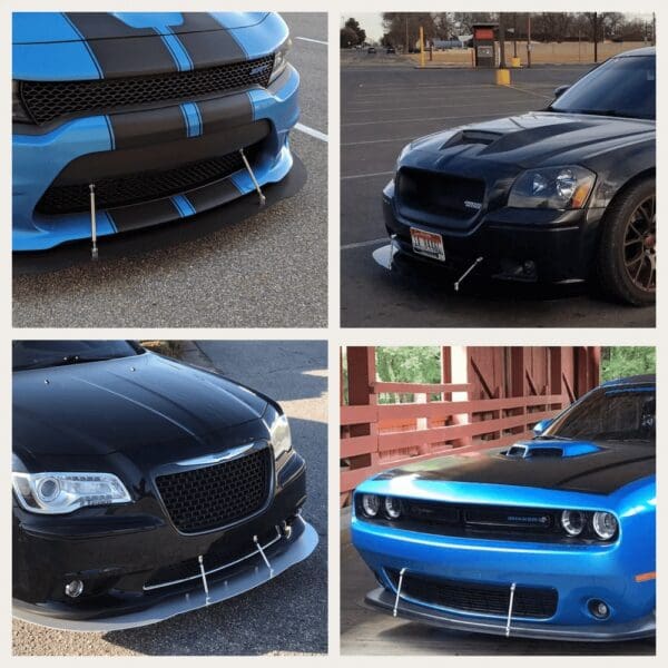 Four different pictures of a blue and black car