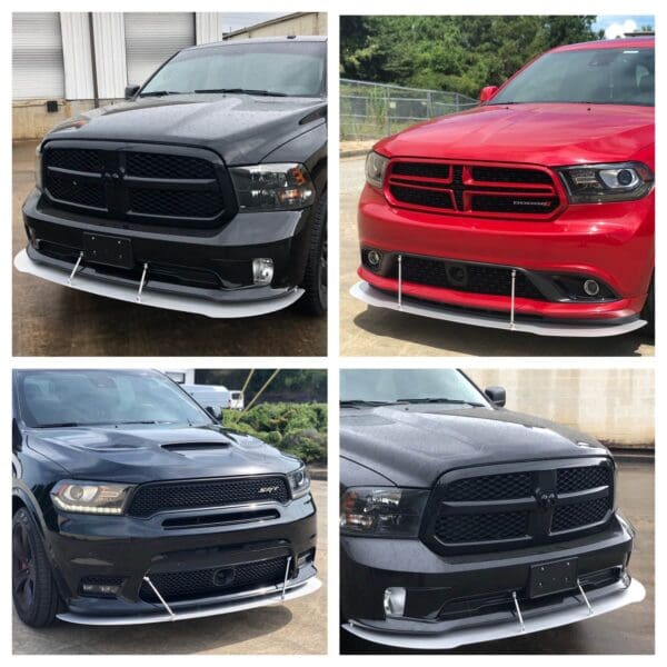 Four different pictures of the front of a red and black truck