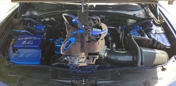 The engine compartment of a car