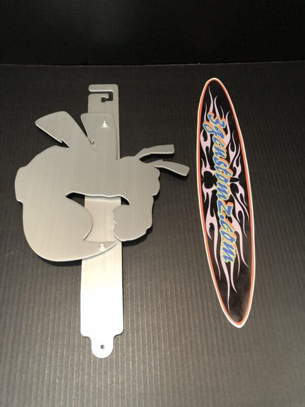 A metal hood prop with a custom design