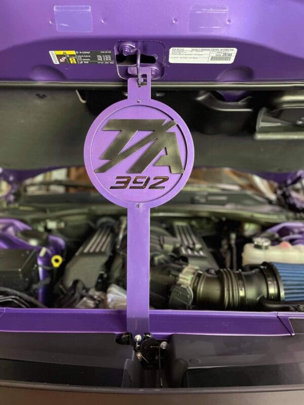 The hood of a car with a purple engine cover