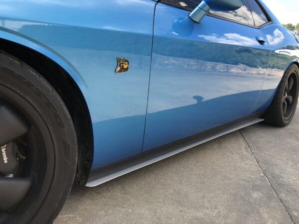 Close-up of a blue car parked on a street, showing a side view with a shiny finish and a distinctive emblem.