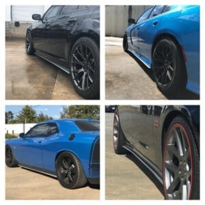 A series of photographs of a blue sports car