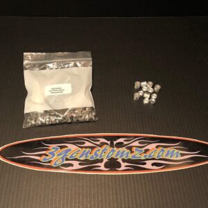 A clear plastic bag contains hardware for a car show stand, with metal components displayed beside it.