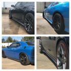 Four images of two modified cars: a black sedan and a blue coupe, showcasing their wheels and side profiles.