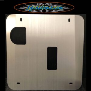 Metal skid plate with cutouts for mounting and access, featuring a brushed finish.