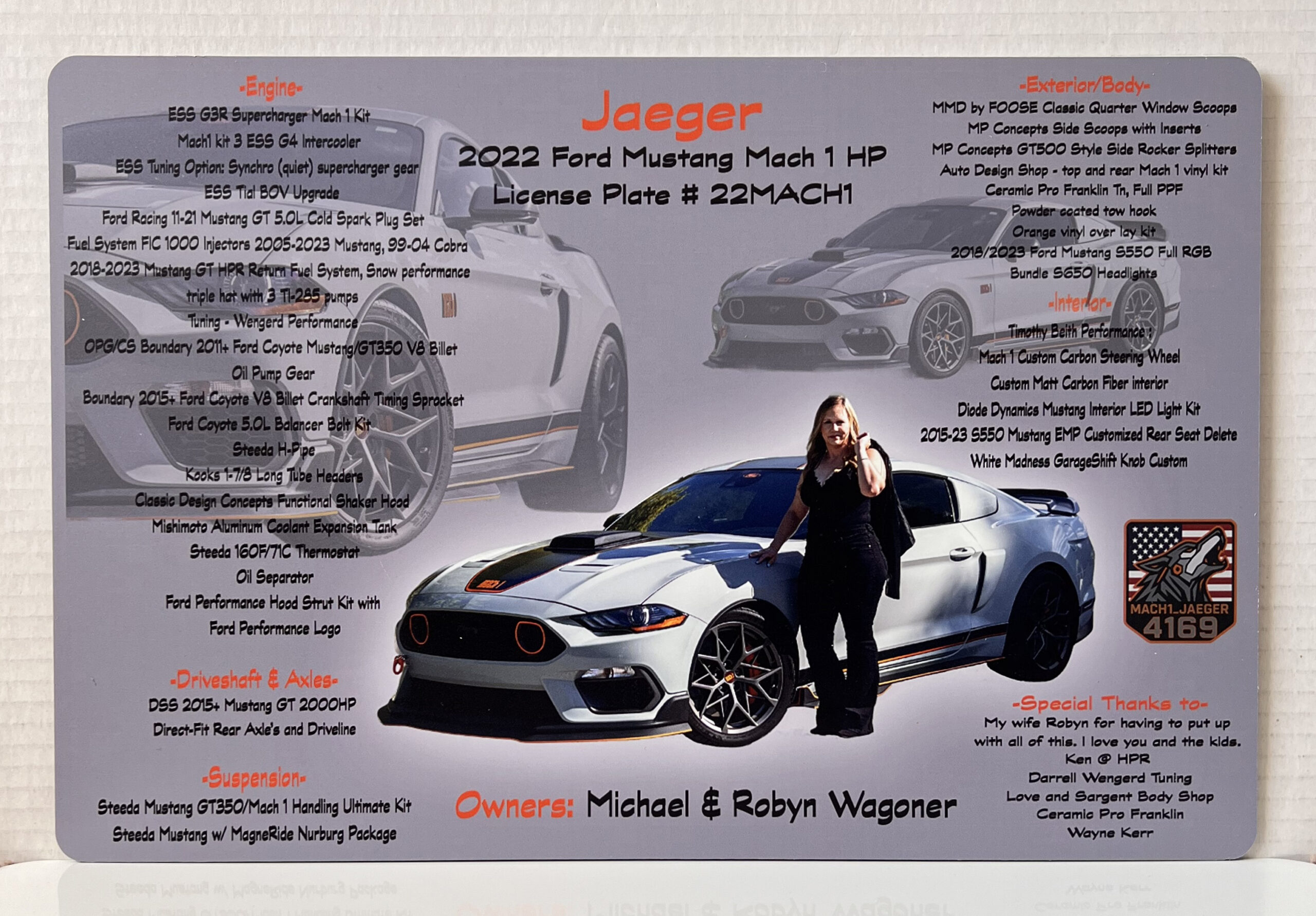 A woman stands next to a customized 2022 Ford Mustang Mach 1, showcasing performance details and owner information.